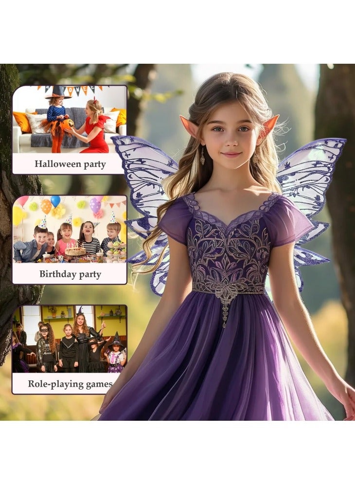 GGEROU Fairy Wings for Adults and Girls Fairy Costume Set with Floral Garland Wand and Elf Ears Butterfly Wings Purple - Image 4