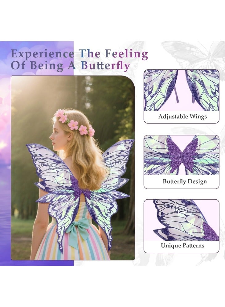 GGEROU Fairy Wings for Adults and Girls Fairy Costume Set with Floral Garland Wand and Elf Ears Butterfly Wings Purple - Image 5