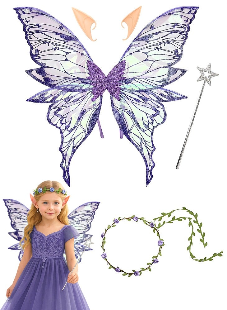 GGEROU Fairy Wings for Adults and Girls Fairy Costume Set with Floral Garland Wand and Elf Ears Butterfly Wings Purple - Image 1