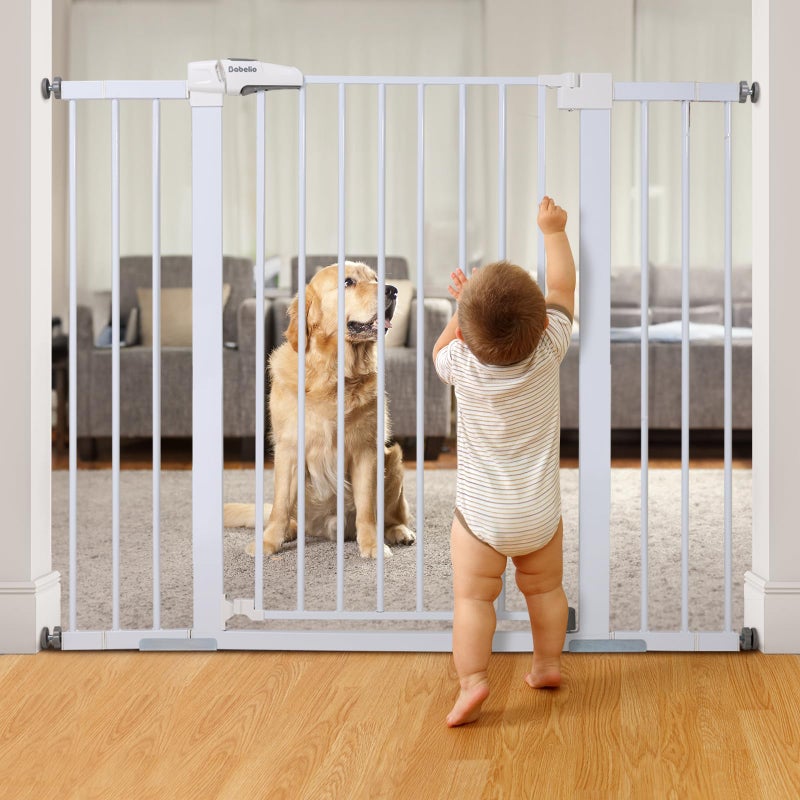 BABELIO 36 Tall Baby Gate 2948 Auto Close Pressure Mounted Dog Gate for Stairs Doorways Hallway Protector Basics Easy Walk Thru Pet Gate Metal Child Gate with 2Y Spindle Rods White