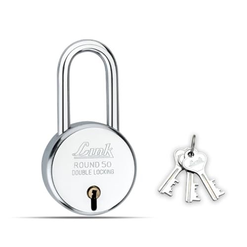 Link Locks| Round 50MM Long Shackle Padlock with 3 Keys | Lock for Main Door, Gate, Shops, Office| Silver Finish |2 Years Warranty - Image 1