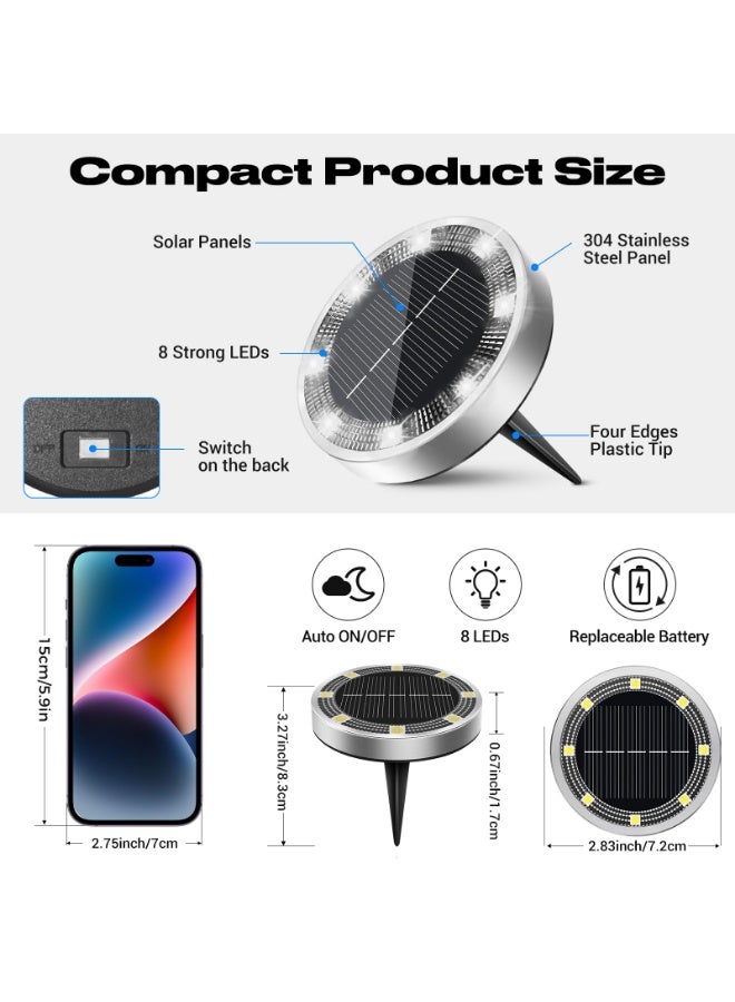 Arabest Peasur Solar Ground Lights Outdoor, 8 Pack Flat Solar Powered Disc Lights, IP68 Waterproof, Anti-Rust, Landscape Lighting for Pathway Garden Yard Lawn Walkway Landscape Driveway, Mini, Cool White - Image 5