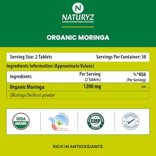 NATURYZ Organic Moringa Highest Strength 1200mg tablets | Supports Energy, Vitality, Detox, Metabolism & Immunity in Men & Women | Non-GMO, Vegan, Gluten-Free | USDA Organic Certified | Pesticides & Chemical Free – 60 Veg tablets - Image 2