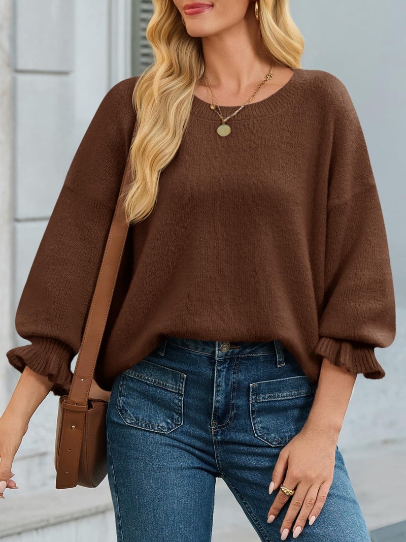 Cicy Bell Womens Oversized Sweater Tops Crewneck Ruffle Puff Sleeve Knit Fall Sweaters Loose Fit Trendy Pullover Top Coffee - Image 2