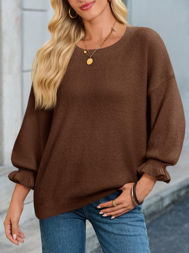 Cicy Bell Womens Oversized Sweater Tops Crewneck Ruffle Puff Sleeve Knit Fall Sweaters Loose Fit Trendy Pullover Top Coffee - Image 4