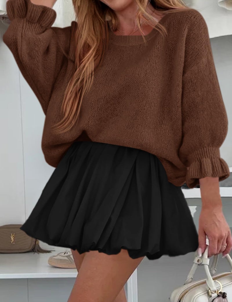 Cicy Bell Womens Oversized Sweater Tops Crewneck Ruffle Puff Sleeve Knit Fall Sweaters Loose Fit Trendy Pullover Top Coffee - Image 5