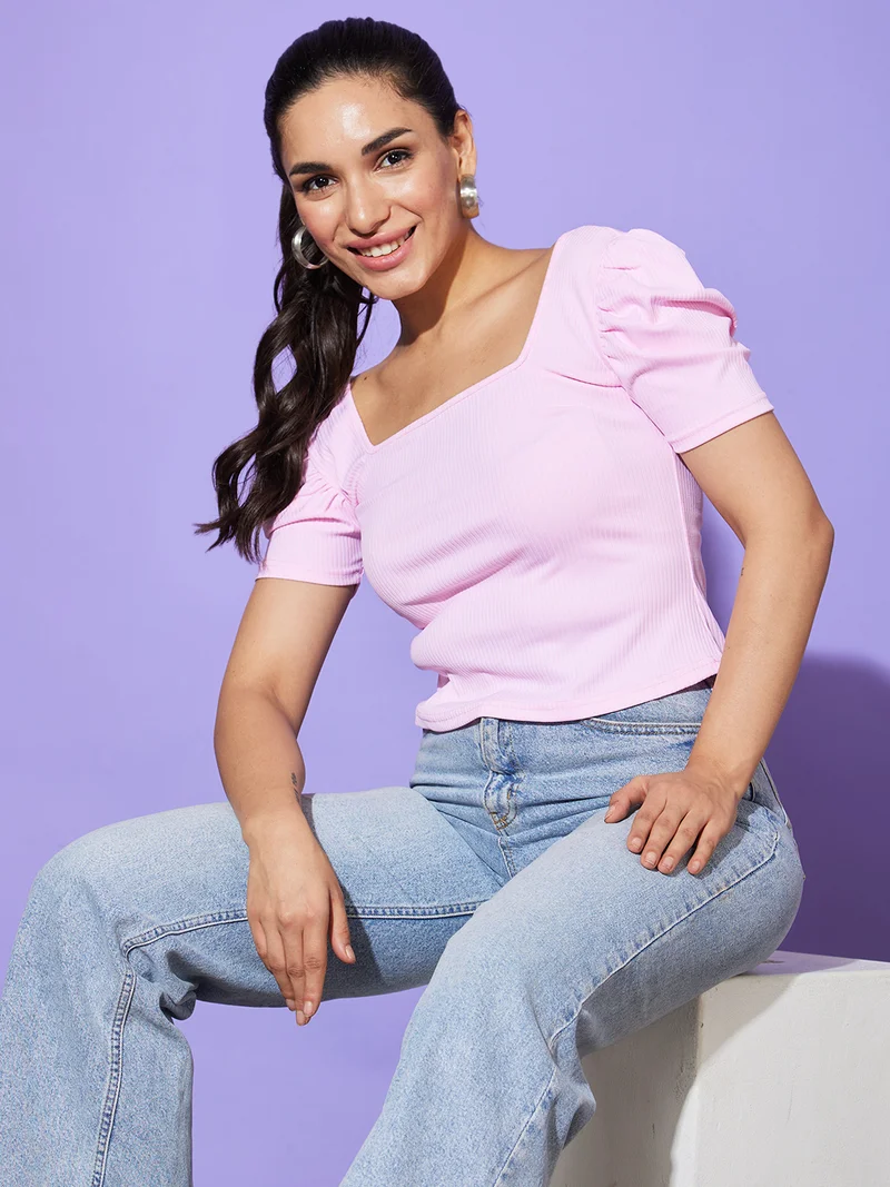 globus Women Pink Self Design Puff Sleeve Slim Fit Cotton Top