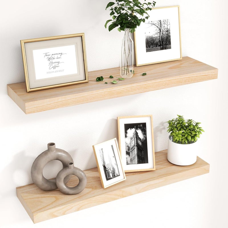 fuqing Natural Wood Floating Shelves for Wall, 30 Inch Wood Floating Shelves Set of 2, Natural Wooden Wall Shelves for Living Room Bedroom Home Office - Natural - Image 1