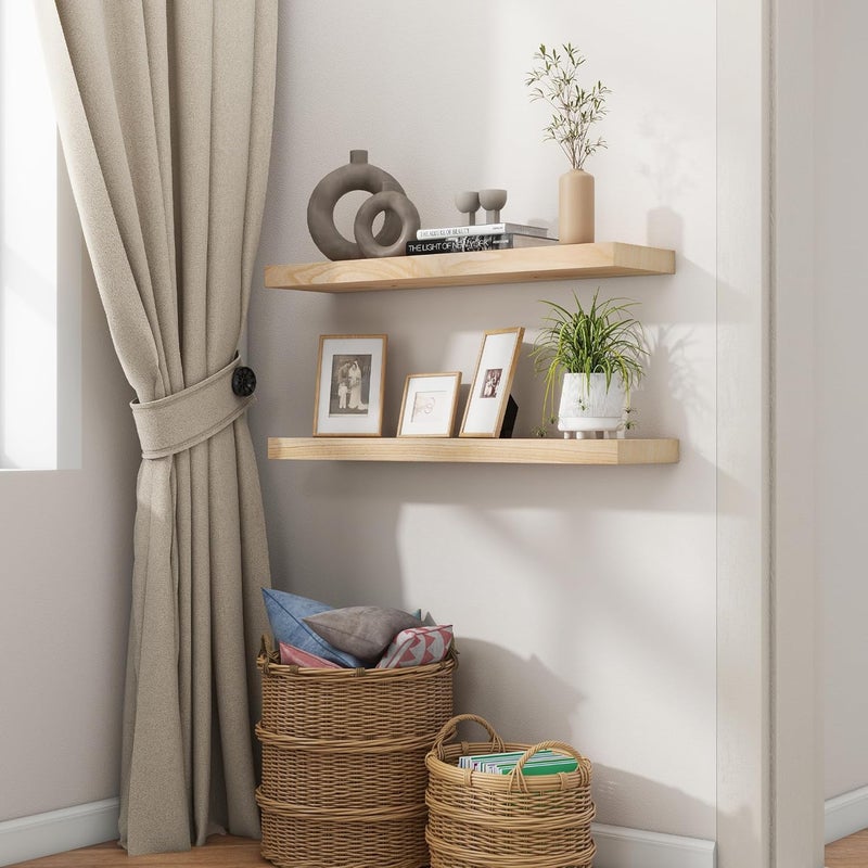 fuqing Natural Wood Floating Shelves for Wall, 30 Inch Wood Floating Shelves Set of 2, Natural Wooden Wall Shelves for Living Room Bedroom Home Office - Natural - Image 2
