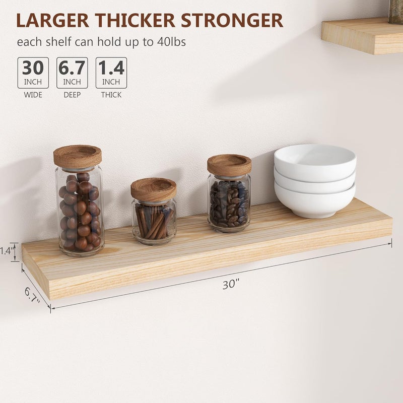 fuqing Natural Wood Floating Shelves for Wall, 30 Inch Wood Floating Shelves Set of 2, Natural Wooden Wall Shelves for Living Room Bedroom Home Office - Natural - Image 3