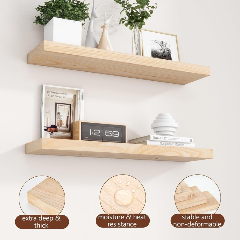 fuqing Natural Wood Floating Shelves for Wall, 30 Inch Wood Floating Shelves Set of 2, Natural Wooden Wall Shelves for Living Room Bedroom Home Office - Natural - Image 5