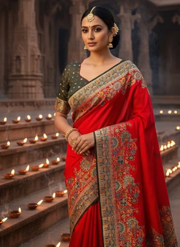 Glory Sarees Women's Kashmiri Pashmina Pure Silk Meenakari Woven Saree With Blouse Piece (Pashmina_Silk102_Red) - Image 4