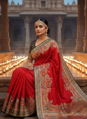 Glory Sarees Women's Kashmiri Pashmina Pure Silk Meenakari Woven Saree With Blouse Piece (Pashmina_Silk102_Red) - Image 2
