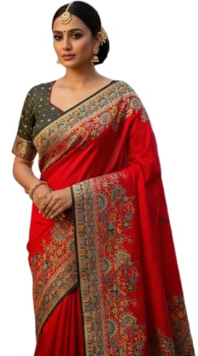 Glory Sarees Women's Kashmiri Pashmina Pure Silk Meenakari Woven Saree With Blouse Piece (Pashmina_Silk102_Red) - Image 1