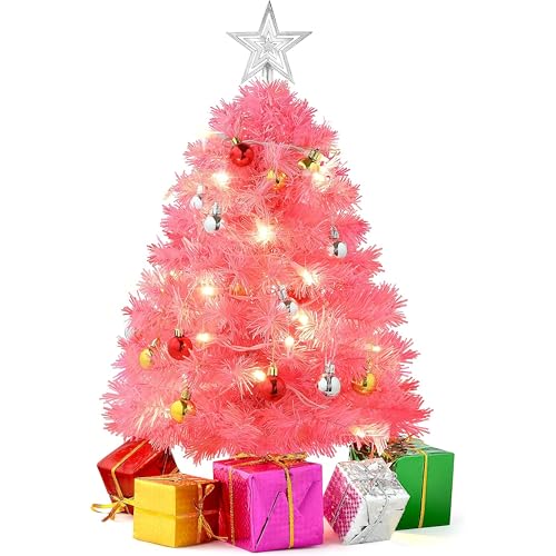 Prextex PREXTEX 23Inch Mini Pink Flocked Christmas Tree with LED Lights Ornaments and Gifts  Small Tabletop Christmas Tree with Snowy Branches Warm White Lights Indoor or Outdoor Holiday Decor 