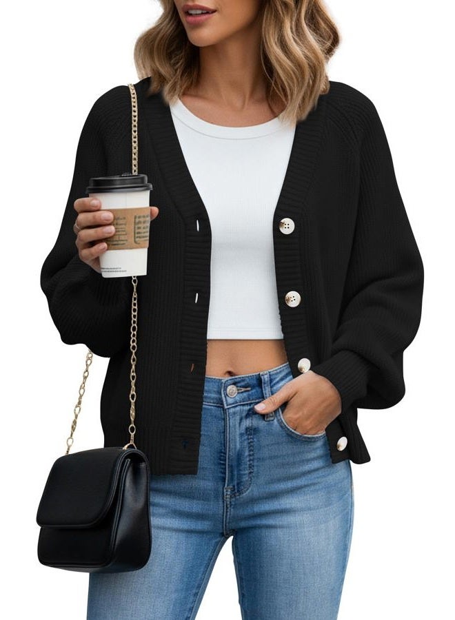 KUOTAI Women's Chunky Knit Open Front Sweaters Long Sleeve Button Loose Short Cardigan Outerwear Coats, Black, XL - Image 1