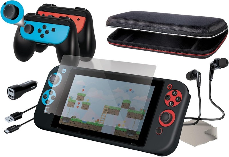 dreamGEAR Starter Kit Accessories: Compatible with Nintendo Switch, 11-In-1 Bundle, Carrying Case, Screen Protector, Ergonomic Grip Case, Earbuds with Mic, Joy Con Grips, Joystick Caps, More - Image 1