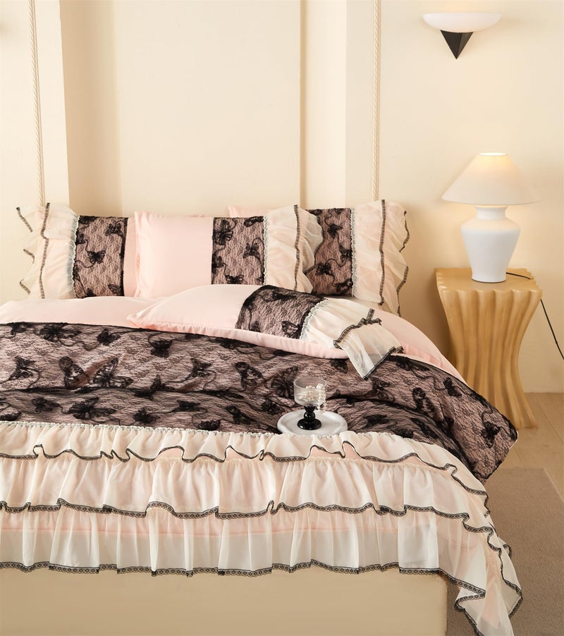 SOUKECHY Luxurious Black Lace Butterfly Twin Duvet Cover Set, 3 Layer Ruffle Edge Coquette Bedding, French Vintage Style 2 Piece Duvet Cover,1 Duvet Cover with 1 Pillowcases, No Comforter - Image 4