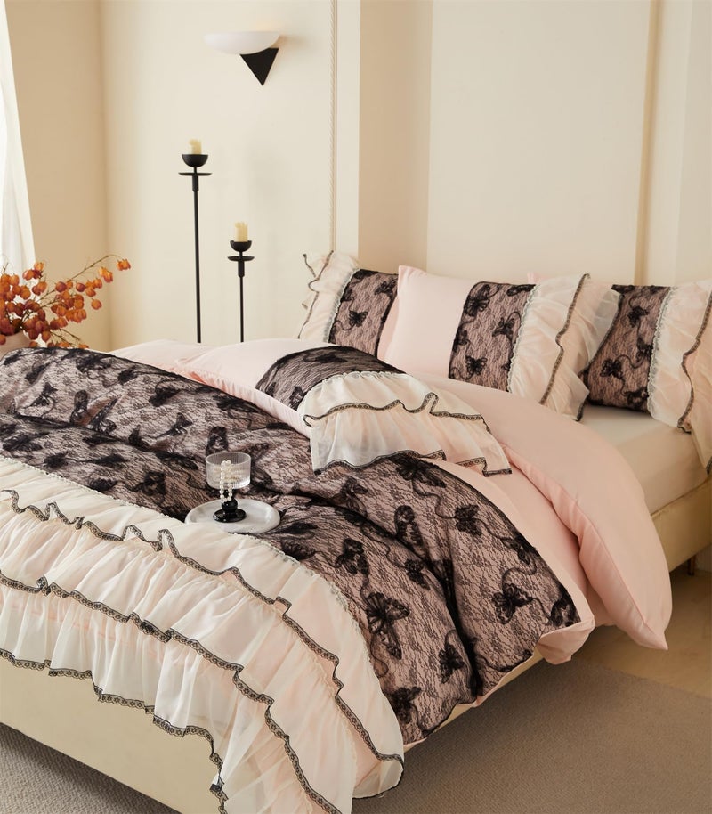 SOUKECHY Luxurious Black Lace Butterfly Twin Duvet Cover Set, 3 Layer Ruffle Edge Coquette Bedding, French Vintage Style 2 Piece Duvet Cover,1 Duvet Cover with 1 Pillowcases, No Comforter - Image 2