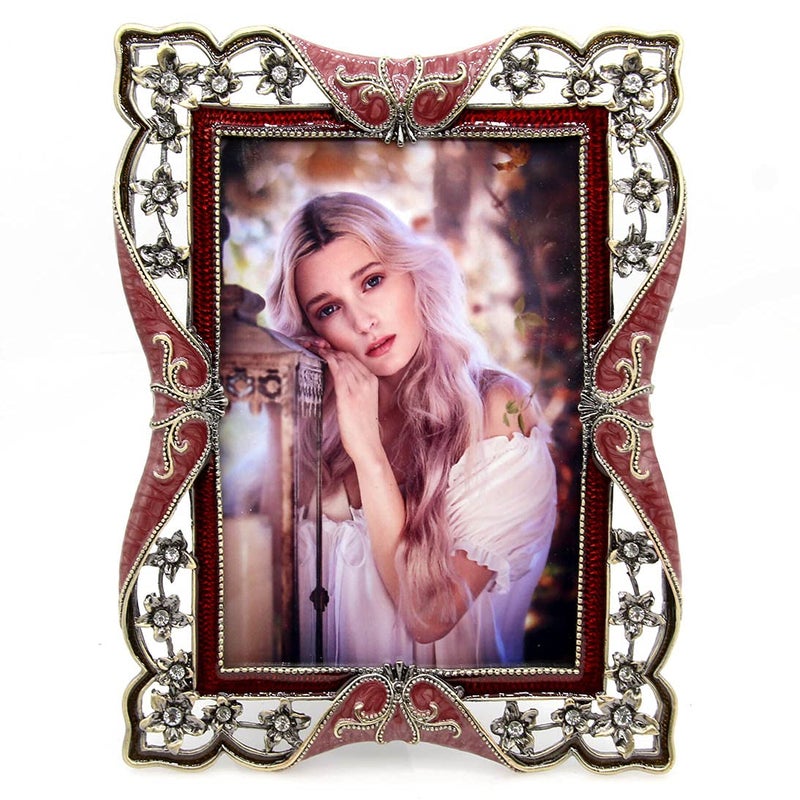 LXZ Vintage Retro Brass Plated Metal Picture Frame Decorated with Crystals Clear Glass Front Cover Tabletop Display Vertically or Horizontally Size 4 x 6 Inches