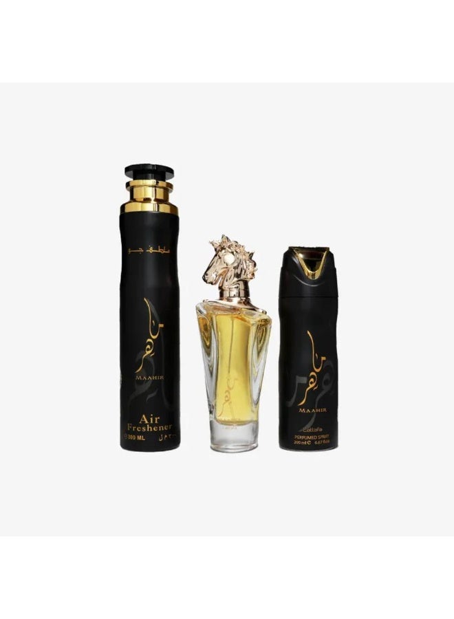 Lattafa Gift Set Maahir – 3 Pcs (Spray – Deo – Af) - Image 2
