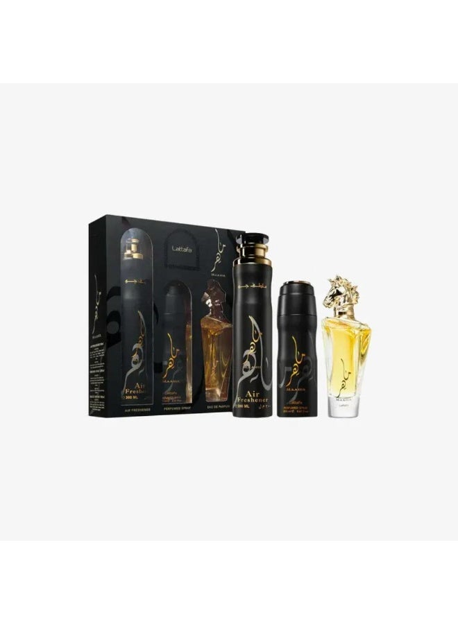 Lattafa Gift Set Maahir – 3 Pcs (Spray – Deo – Af) - Image 1