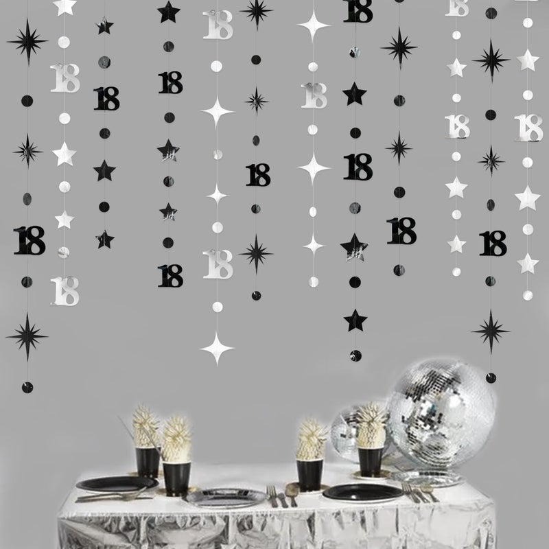pinkblume Silver Black 18th Birthday Decorations Number 18 Circle Dot Twinkle Star Garland Streamer Banner Backdrop for Girls Boys Happy 18th Birthday Time to Adult Cheers to 18 Years Old Anniversary Party - Image 1