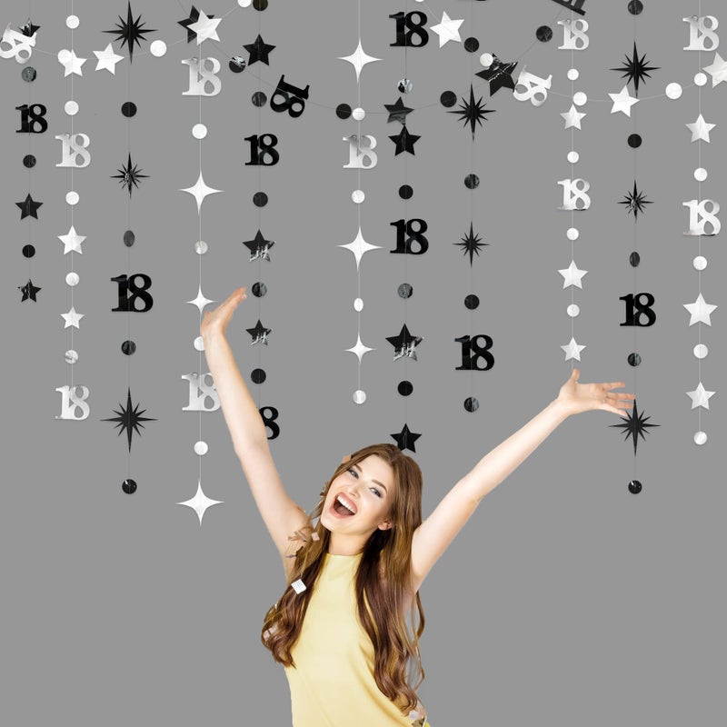 pinkblume Silver Black 18th Birthday Decorations Number 18 Circle Dot Twinkle Star Garland Streamer Banner Backdrop for Girls Boys Happy 18th Birthday Time to Adult Cheers to 18 Years Old Anniversary Party - Image 3