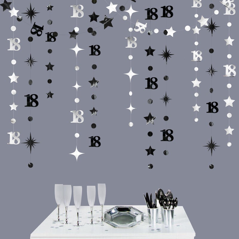 pinkblume Silver Black 18th Birthday Decorations Number 18 Circle Dot Twinkle Star Garland Streamer Banner Backdrop for Girls Boys Happy 18th Birthday Time to Adult Cheers to 18 Years Old Anniversary Party - Image 4