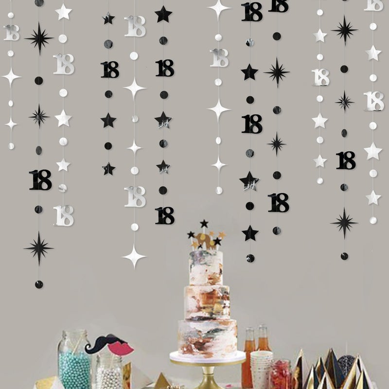 pinkblume Silver Black 18th Birthday Decorations Number 18 Circle Dot Twinkle Star Garland Streamer Banner Backdrop for Girls Boys Happy 18th Birthday Time to Adult Cheers to 18 Years Old Anniversary Party - Image 5