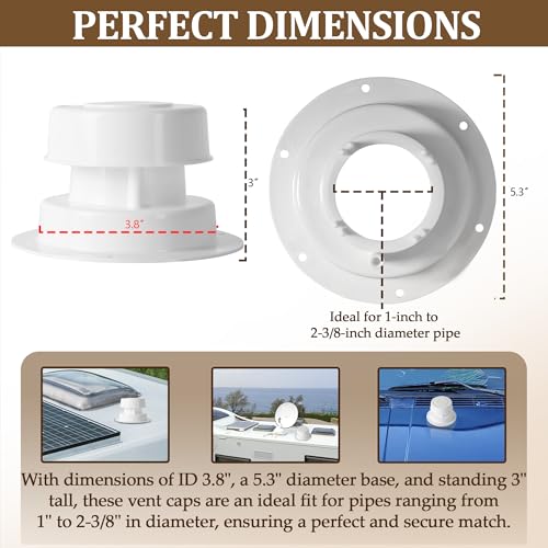 Aussio (2 Pack, White RV Roof Vent Cover Kits with Putty Tape and Screws, Camper Vents Cap for Trailer RV Roof Vent Cover Replacement, Camper Plumbing Vents Caps Kit for 1" to 2-3/8" OD Pipe - Image 2
