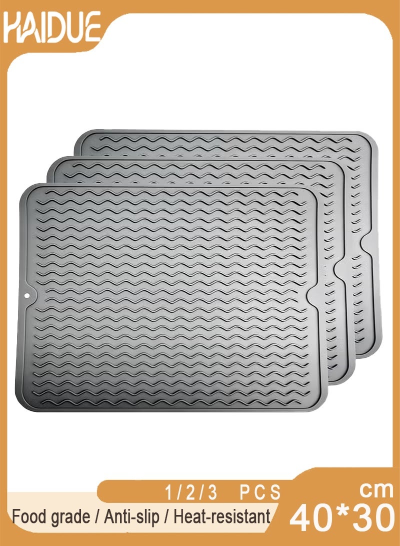 Haidue 1/2/3PCS Silicone Dish Drying Mat  Food Grade Draining Mat  Anti Slip BPA Free Heat Resistant Dishwasher Safe Kitchen Counter Insulating Dining Mat for Plates Utensils Baby Bottles  40x30CM (Grey) - Image 1