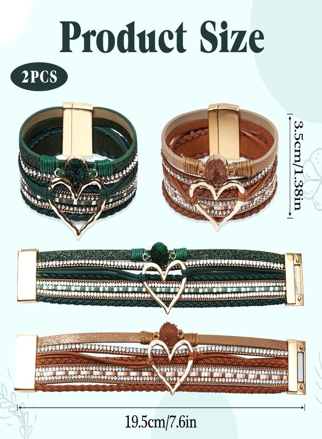 COAUXOG 2Pcs Boho Bracelets Woven Leather Multi-Layer Wrap Bracelet with Heart and Rhinestones,Versatile Stackable Jewelry Cuff Bracelet for Women(Dark Brown+Dark Green) - Image 2