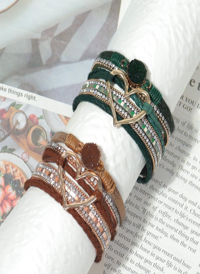 COAUXOG 2Pcs Boho Bracelets Woven Leather Multi-Layer Wrap Bracelet with Heart and Rhinestones,Versatile Stackable Jewelry Cuff Bracelet for Women(Dark Brown+Dark Green) - Image 5