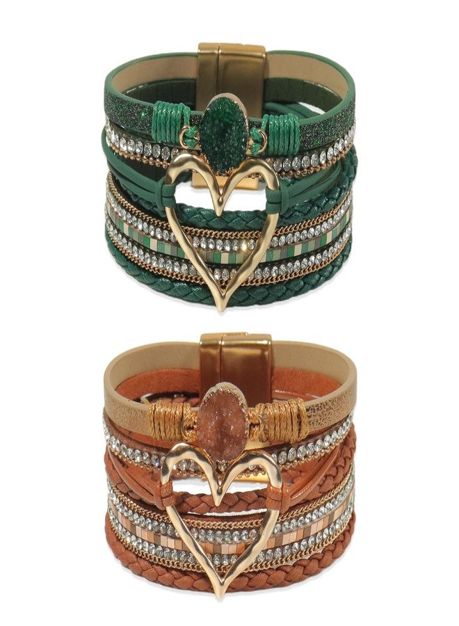 COAUXOG 2Pcs Boho Bracelets Woven Leather Multi-Layer Wrap Bracelet with Heart and Rhinestones,Versatile Stackable Jewelry Cuff Bracelet for Women(Dark Brown+Dark Green) - Image 1