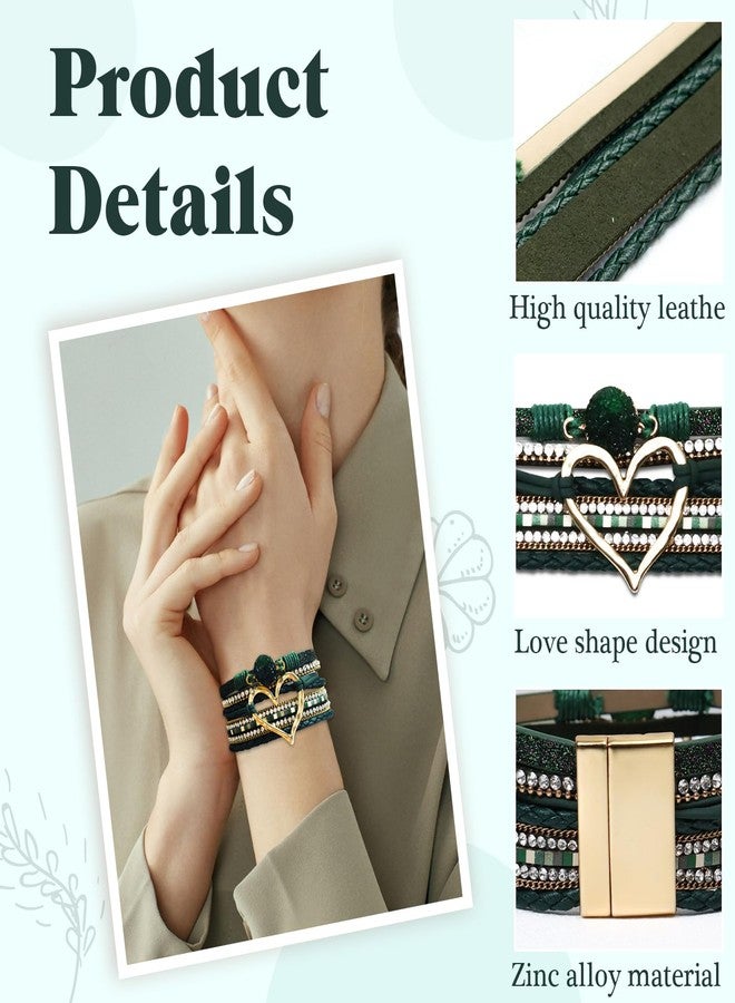 COAUXOG 2Pcs Boho Bracelets Woven Leather Multi-Layer Wrap Bracelet with Heart and Rhinestones,Versatile Stackable Jewelry Cuff Bracelet for Women(Dark Brown+Dark Green) - Image 3