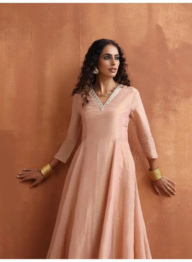 trueBrowns Blush Pink Tissue Flared Anarkali Kurta Set
