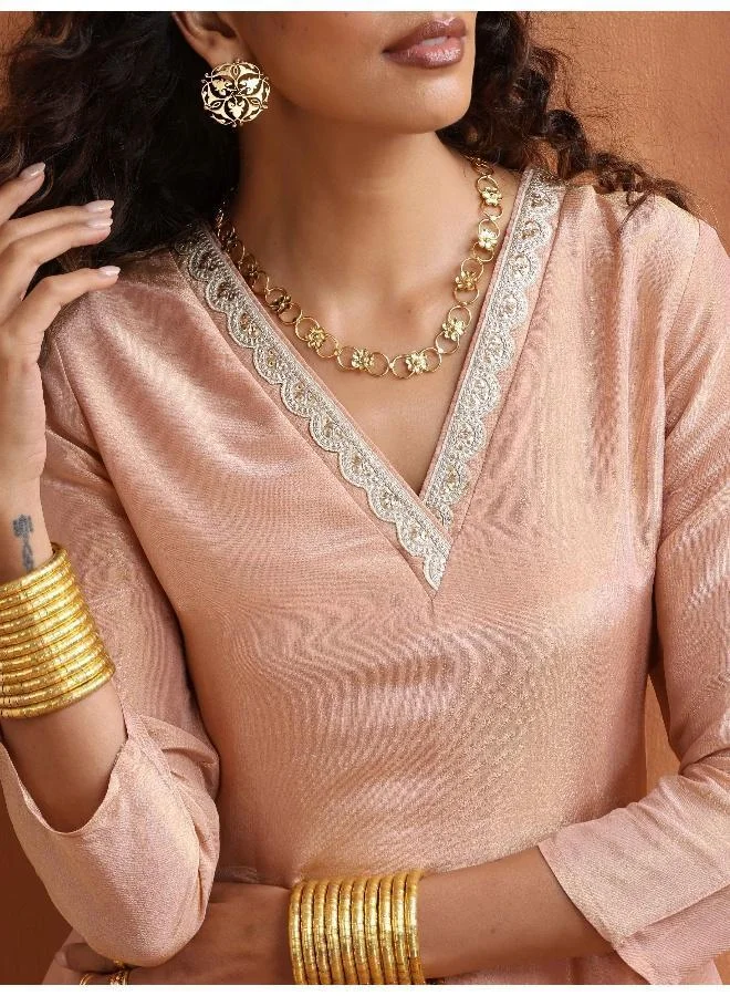 trueBrowns Blush Pink Tissue Flared Anarkali Kurta Set