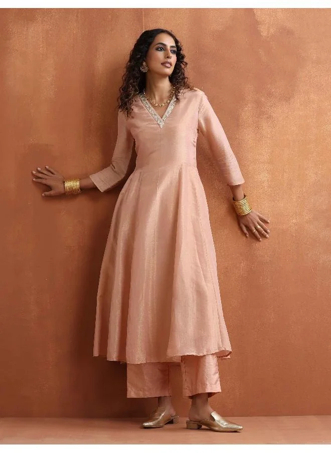 trueBrowns Blush Pink Tissue Flared Anarkali Kurta Set