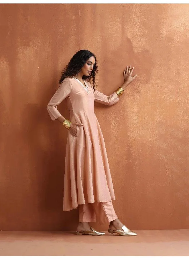 trueBrowns Blush Pink Tissue Flared Anarkali Kurta Set