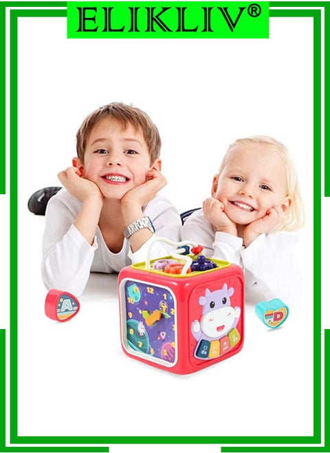 6 in 1 Activity Cube, Toddler Sensory Toy Bead Maze Shape Sorter with Music and Lights, Puzzle Montessori Toys(Red))