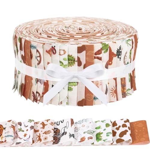 Bolsome 40Pcs Western Cowboy Cotton Fabric Strips Brown Cowboy Stripes Fabric Bundles for Wild West Horse Boot Cactus Rodeo Quilting Crafting Precut Patchwork Gift Sewing DIY Crafts - Image 1