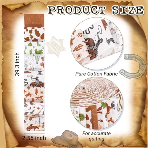 Bolsome 40Pcs Western Cowboy Cotton Fabric Strips Brown Cowboy Stripes Fabric Bundles for Wild West Horse Boot Cactus Rodeo Quilting Crafting Precut Patchwork Gift Sewing DIY Crafts - Image 2