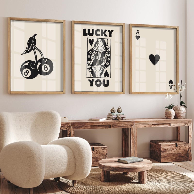 Heiple Framed Set of 3 Poker Wall Art Lucky You Poster, Trendy Retro Print Wall Decor for Queen of Hearts Wall Art Rustic Vintage Farmhouse Home Wall Decorï¼ˆBrown 12"x16"ï¼‰ - Image 1