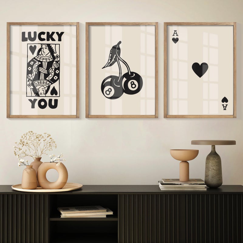 Heiple Framed Set of 3 Poker Wall Art Lucky You Poster, Trendy Retro Print Wall Decor for Queen of Hearts Wall Art Rustic Vintage Farmhouse Home Wall Decorï¼ˆBrown 12"x16"ï¼‰ - Image 2