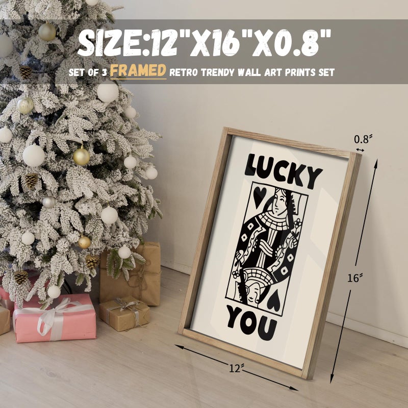 Heiple Framed Set of 3 Poker Wall Art Lucky You Poster, Trendy Retro Print Wall Decor for Queen of Hearts Wall Art Rustic Vintage Farmhouse Home Wall Decorï¼ˆBrown 12"x16"ï¼‰ - Image 4