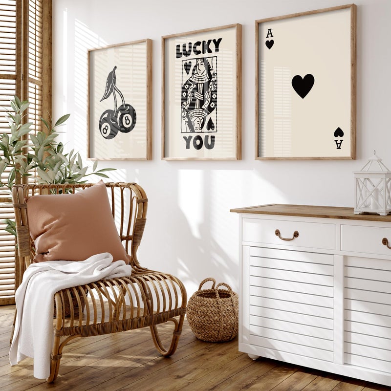 Heiple Framed Set of 3 Poker Wall Art Lucky You Poster, Trendy Retro Print Wall Decor for Queen of Hearts Wall Art Rustic Vintage Farmhouse Home Wall Decorï¼ˆBrown 12"x16"ï¼‰ - Image 3
