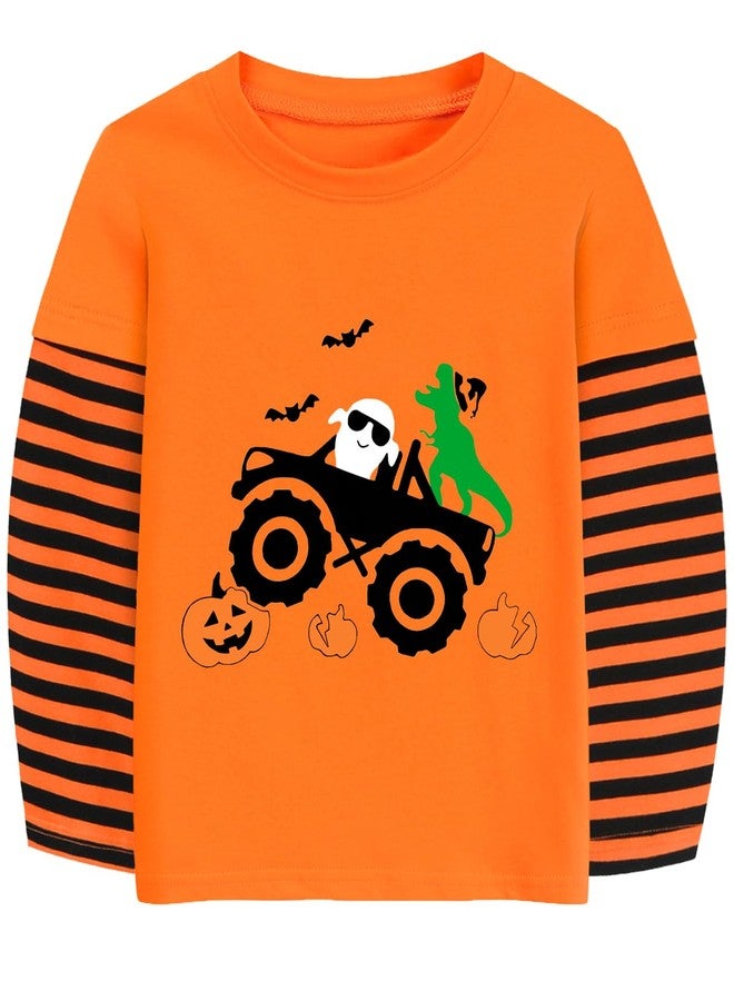 CM-Kid Ghost Dino Shirt for Toddler Boy Girl's Halloween Monster Truck Outfits Stripe Long Sleeve Cotton Shirt Tops Kids Clothes Tshirt Orange 7T - Image 1