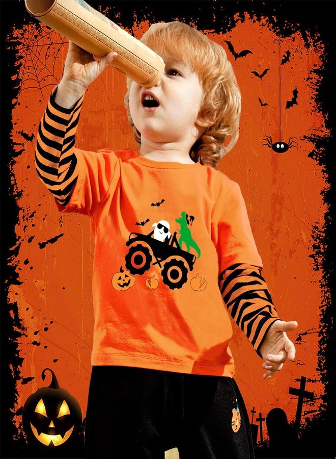CM-Kid Ghost Dino Shirt for Toddler Boy Girl's Halloween Monster Truck Outfits Stripe Long Sleeve Cotton Shirt Tops Kids Clothes Tshirt Orange 7T - Image 2