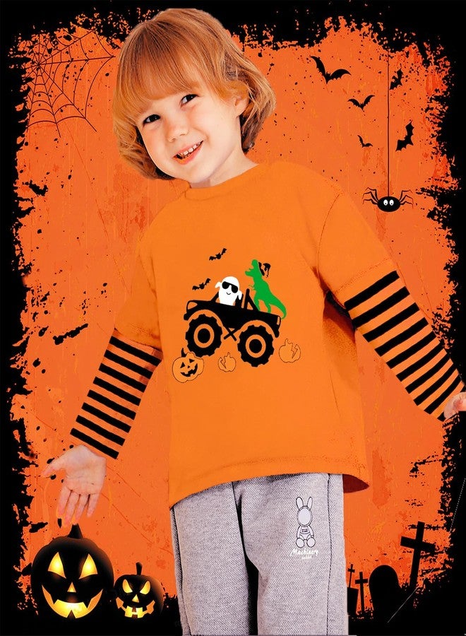 CM-Kid Ghost Dino Shirt for Toddler Boy Girl's Halloween Monster Truck Outfits Stripe Long Sleeve Cotton Shirt Tops Kids Clothes Tshirt Orange 7T - Image 3